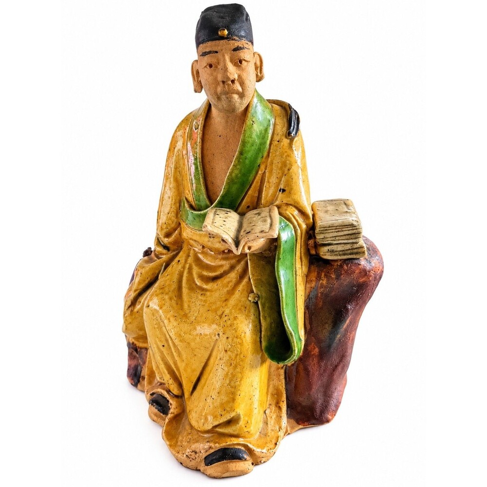 Chinese Shiwan Mudman Seated Scholar Reading Sancai Glaze Double China Mark